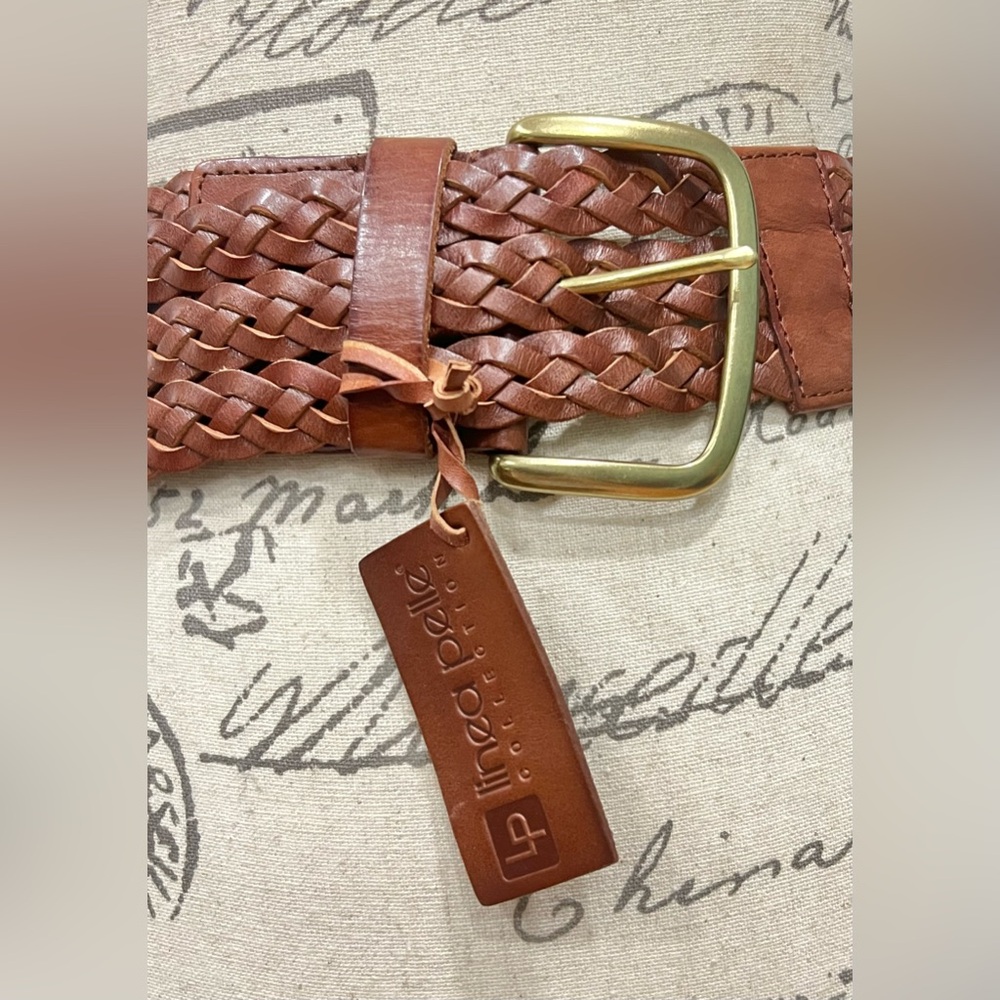 Linea Pelle Tan Braided Leather Belt with Gold Buckle